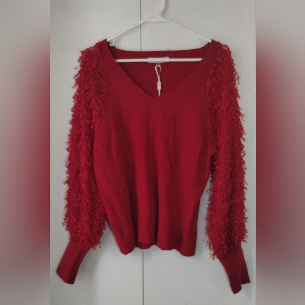 Sioni Milano Red Top With Sheer Puffer Sleeves Size (L)